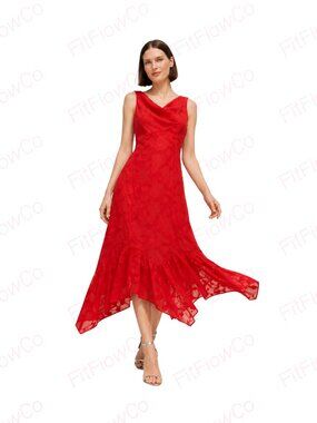 Red Floral Burnout Midi Dress Cowl Neck Handkerchief Hem Wedding Guest Size 4NWT